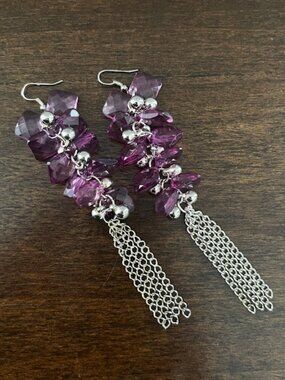 Vintage Dangle Earrings Purple Faceted Beads Silver Balls Chain Tassel Statement